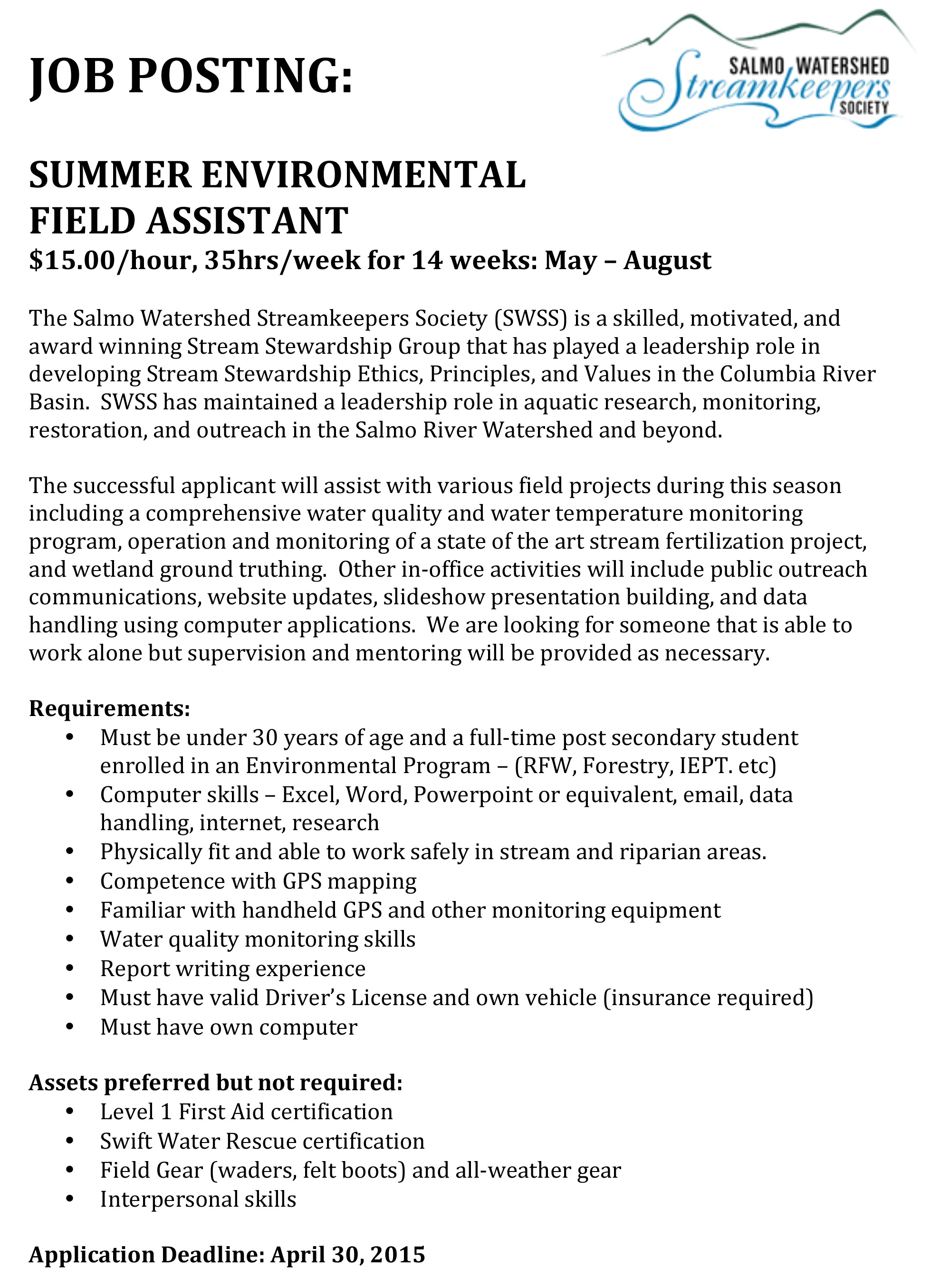 Job Posting Summer Environmental Field Assistant Salmo Watershed 